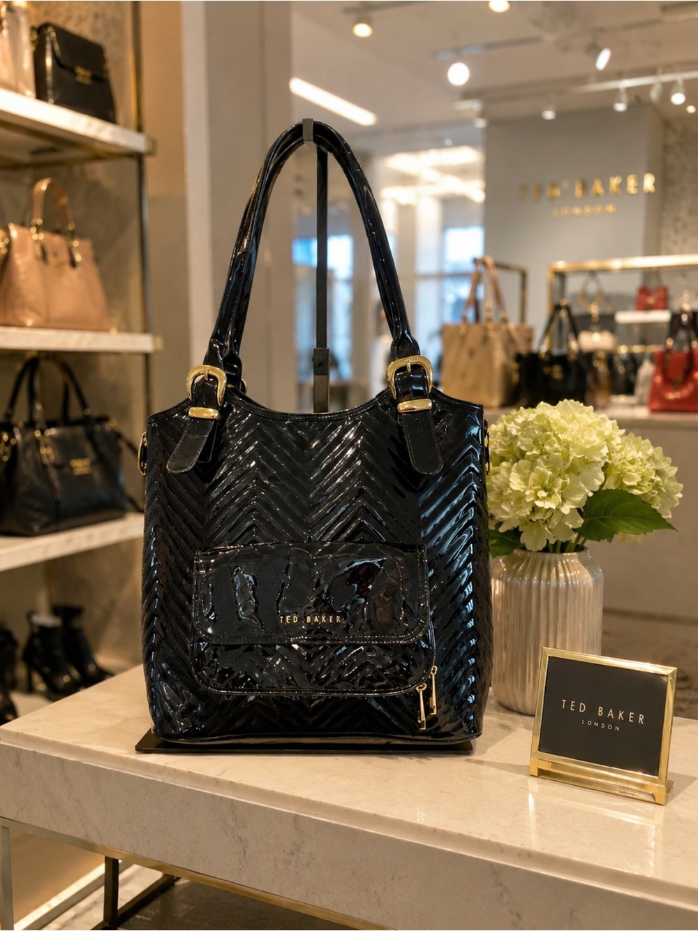 Ted Baker London Black Patent Bag – Large Quilted Tote with Gold Hardware